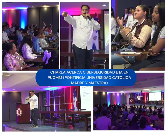 Jean dando una charla sobre ciberseguridad e IA en la PUCMM ante estudiantes