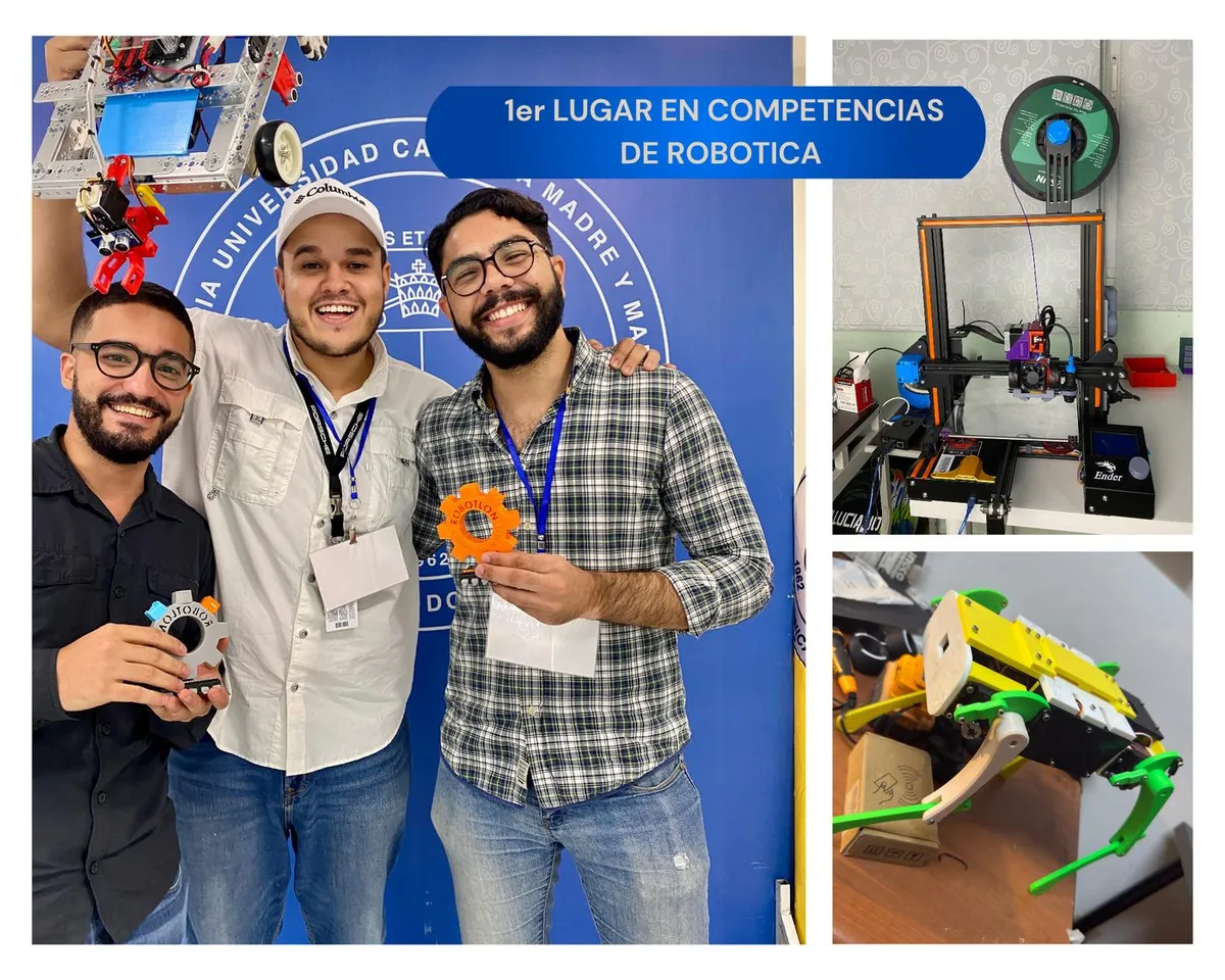 Jean con su equipo celebrando el primer lugar en una competencia de robótica en la PUCMM, junto a su impresora 3D y un robot cuadrúpedo